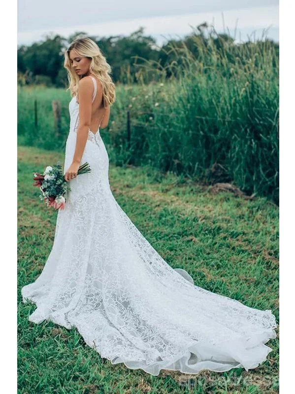 Straps V-neck Backless Long Mermaid Handmade Lace Wedding Dresses,WD782