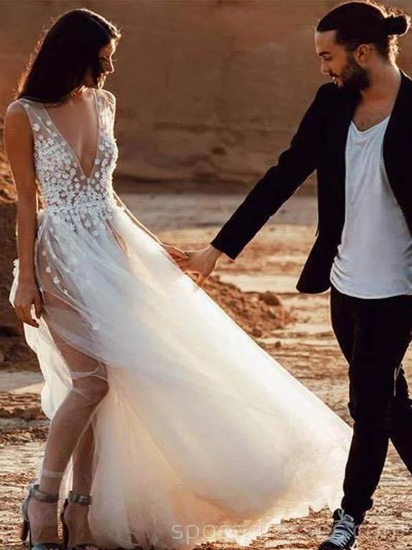 V Neck A-line Lace Cheap Long Wedding Dresses Online, Cheap Bridal Dresses, WD521