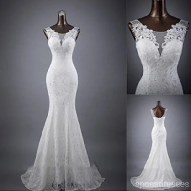 Elegant Sleeveless Mermaid Lace Up Popular White Lace Wedding Dresses, WD0142