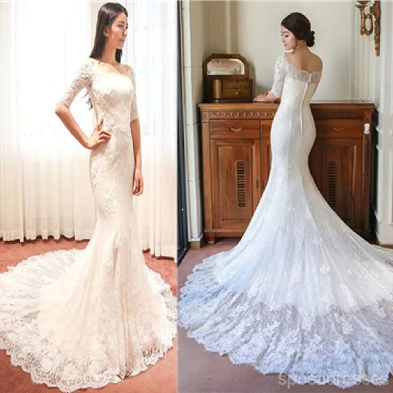 Gorgeous Off Shoulder Half Sleeve Popular Mermaid Wedding Dresses, WD0144