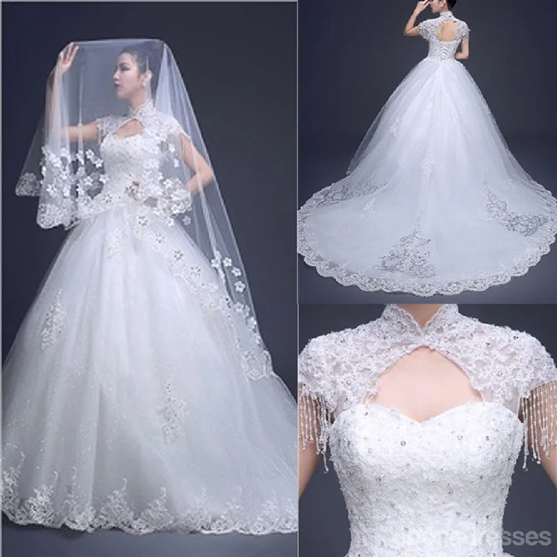 Charming High Neck Cap Sleeve Long A-line Open Back Lace Tulle Wedding Dresses, WD0171