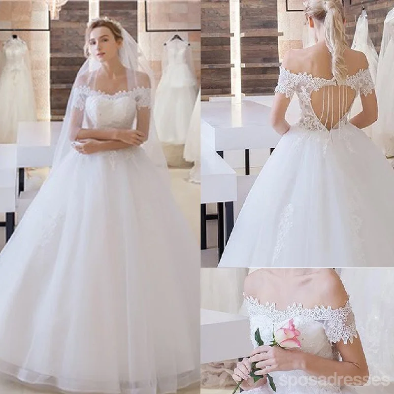 Vantage Off Shoulder Short Sleeve Lace Top Open Back Tulle Wedding Dresses, WD0197